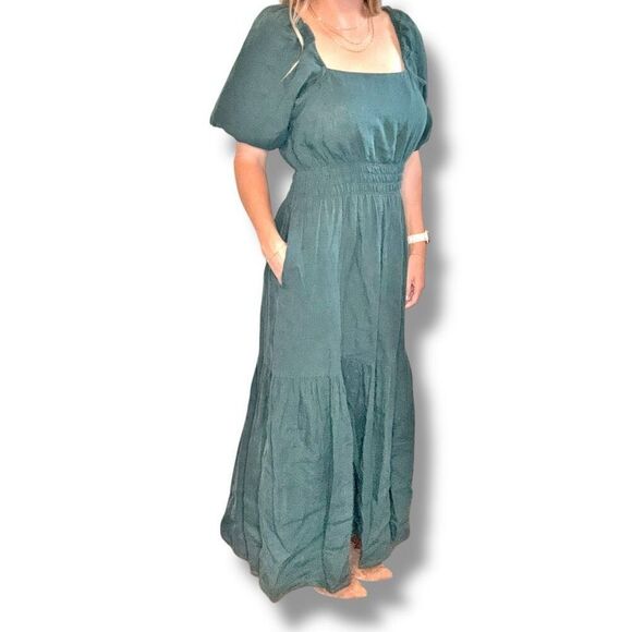 Ann Mashburn Dark Green Square Neck Puff Sleeve Linen Maxi Dress Women’s Size M - Picture 2 of 14